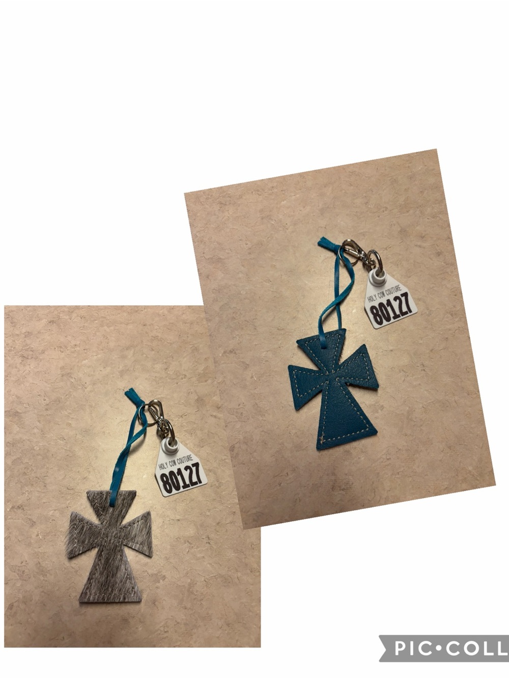 Holy Cow Couture Leather Cross Keychain with Teal Ribbon